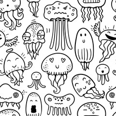 Wall Mural - Cute jellyfish seamless vector pattern