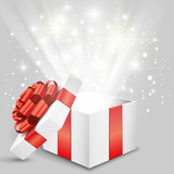 Fototapeta  - Opened gift box with red bow and lights Vector