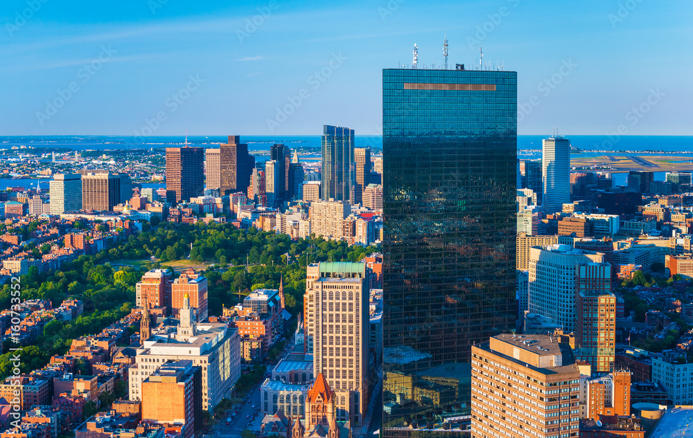 Boston skyline, Massachusetts, USA. Aerial panorama of downtown. View from the top of Prudential Tower.