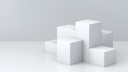 white cube boxes with white blank wall background for display. 3d rendering.