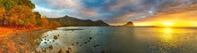 Amazing View Of Le Morne Brabant At Sunset. Mauritius. Panorama