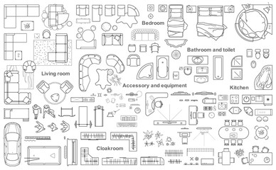 Set of furniture top view for apartments plan. The layout of the apartment design, technical drawing. Interior icon for bathrooms, living room, kitchen, bedroom, hallway . Vector illustration.