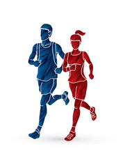 Sticker - Man and woman running together, marathon runner designed using blue and red grunge brush graphic vector