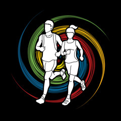  Man and woman running together, marathon runner designed on spin wheel background graphic vector