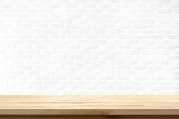 Wall Mural - Wood table top on white brick wall background