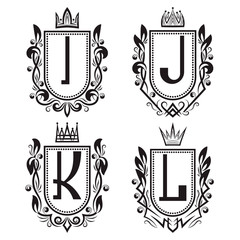 Poster - royal coat of arms set in medieval style. vintage logos with i, j, k, l monogram.