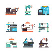 Industrial cnc machine tools and automated machines flat icons