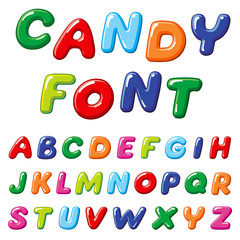 Sticker - Cartoon candy kids vector font. Rainbow funny alphabet