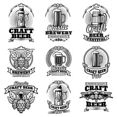 Sticker - Retro beer pub vector emblems. Vintage traditional brewing labels