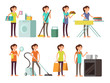 © MicroOne - Cartoon housewife in housework activity vector set. Happy woman performing household
