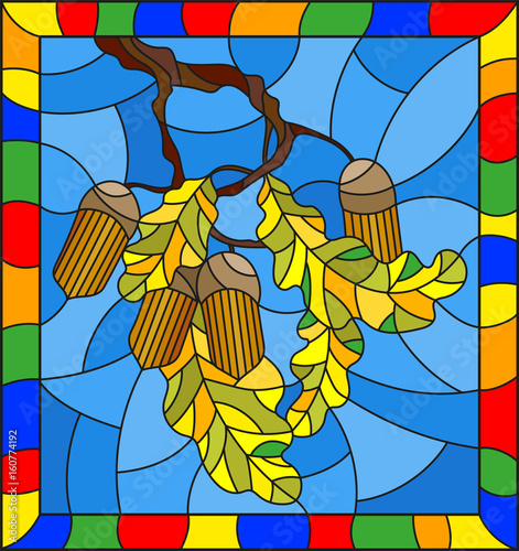 ilustracja-w-stylu-witrazu-z-galezi-debu-z-zoledzi-i-lisci-lisc