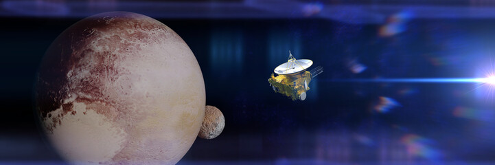 Wall Mural - new horizons spacecraft in front of the dwarf planet pluto and moon charon