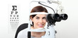 © amedeoemaja - smile woman doing eyesight measurement with slit lamp and visual test chart on white