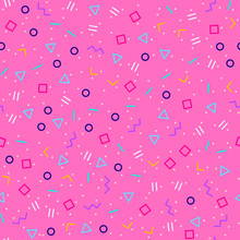 Geo Shapes Pattern, Memphis Style Neon Colors. Pink Geometric Background. 