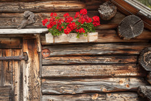 Detail Of A Traditional Old Balcony  With Red Geraniums From An Old House In St. Magdalena In Val Di Funes