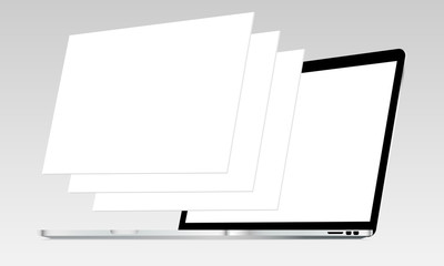 Laptop mockup with blank screen and blank web wireframing pages. Web design concept for showing responsive web projects. Vector illustration