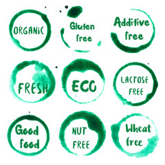 Wall Mural - Good Food collection of round watercolor stains with organic, gluten free, additive, lactose, nut, wheat, eco, fresh, good food text. Set of vector Good Food stamps.
