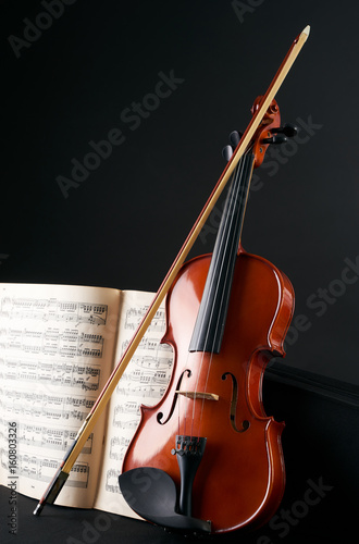 Close Up Photo Of Vintage Violin With Bow And Musical Notes Cello