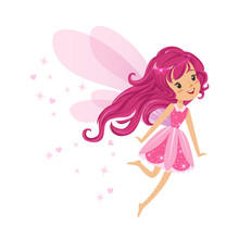 Beautiful Smiling Pink Fairy Girl Flying Colorful Cartoon Character Vector Illustration
