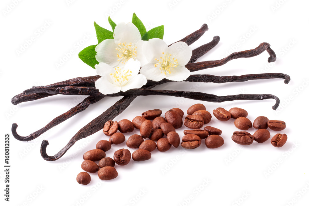 Vanilla sticks and coffee beans with flower isolated on white background - obrazy, fototapety, plakaty 