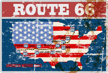Grungy Route 66 Road Map Sign, Retro Grungy Vector Illustration
