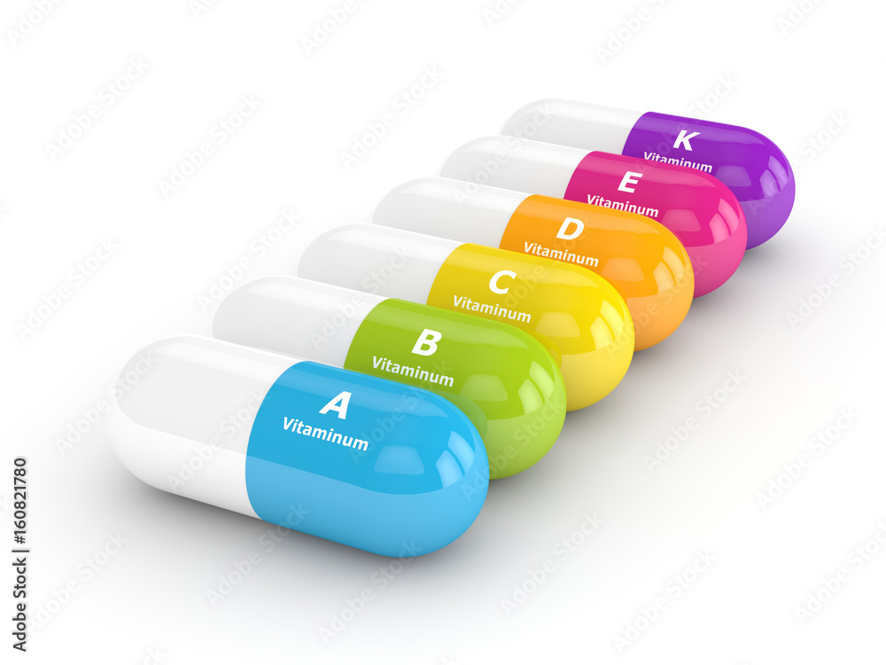 3d rendering of vitamin pills in row - obrazy, fototapety, plakaty 