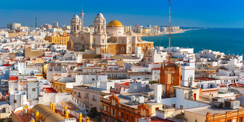Wall Mural - Aerial panoramic view of the old city rooftops and Cathedral de Santa Cruz in the morning from tower Tavira in Cadiz, Andalusia, Spain