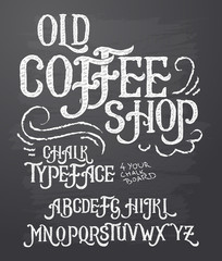 Vector illustration of retro font, capital letters written in white chalk on a blackboard. Template, design element for a signboard, advertising of coffee shop
