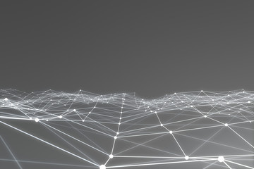 Poster - Abstract 3d rendering of chaotic structure. Light background with lines and spheres in empty space. Futuristic shape
