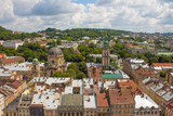 Fototapeta Na sufit - Aerial panoramic view of Lviv with the most famous sights from Lviv city hall, Ukraine