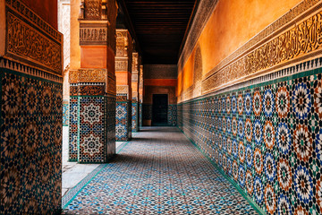 colorful ornamental tiles at moroccan courtyard