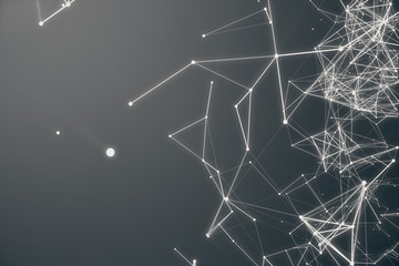 Poster - Abstract space gray tint background. Chaotically connected points and polygons flying in space. Flying debris. Futuristic technology style. Elegant background for business presentations. 3D rendering