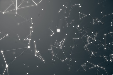 Poster - Abstract space gray tint background. Chaotically connected points and polygons flying in space. Flying debris. Futuristic technology style. Elegant background for business presentations. 3D rendering