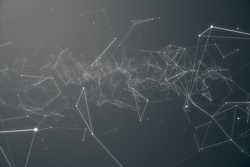Poster - Abstract space gray tint background. Chaotically connected points and polygons flying in space. Flying debris. Futuristic technology style. Elegant background for business presentations. 3D rendering
