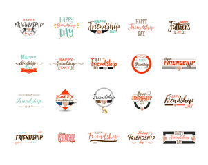 happy friendship day. vector typographic colorful design. badges for your holiday design postcards, 
