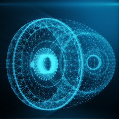 Poster - Abstract Jet Engine, Abstract Polygonal Consisting of Blue Dots and Lines. Jet Engine on Blue tint Background, 3D rendering
