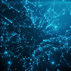 Poster - Abstract space blue tint background. Chaotically connected points and polygons flying in space. Flying debris. Futuristic technology style. Elegant background for business presentations, 3D rendering