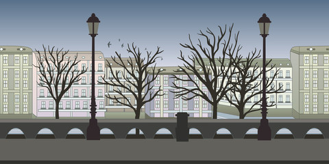 Seamless unending background for arcade game or animation. European city street with buildings, trees and lampposts. Vector illustration, parallax ready.