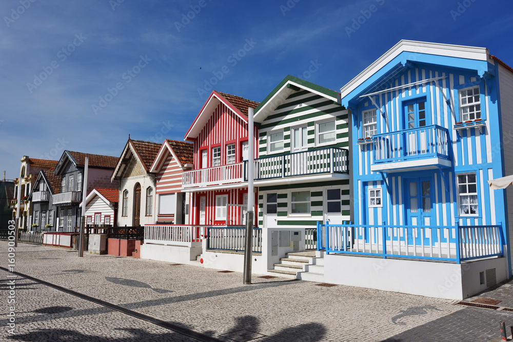 Striped colored houses, Costa Nova, Beira Litoral, Portugal, Europe