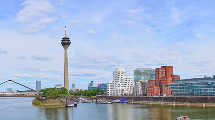 Canvas Print - Media Harbor at Rhine in Dusseldorf in Germany / Famous place with buildings from Frank Gehry in Dusseldorf