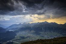 Sunset Sky And Dark Clouds On The Rocky Peaks Of Muottas Muragl St.Moritz Engadine Canton Of Graubünden Switzerland Europe