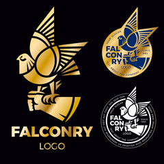 a sign of falconry is a falcon, a hawk is sitting on a gloved hand. creative logo for the corporate 