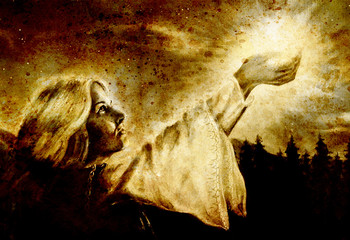 beautiful woman with hands holding light in nocturnal landscape, computer graphic from painting. Sepi effect.