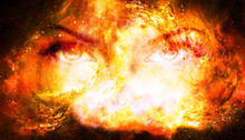 Woman Eyes In Cosmic Background. Eye Contact. Fire Effect.
