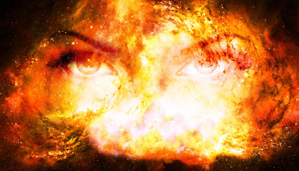 Leinwandbilder - Woman eyes in cosmic background. Eye contact. Fire effect.