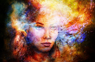 Aufkleber - Goddess Woman in Cosmic space. Cosmic Space background.