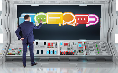 Wall Mural - businessman using social network interface on a board 3d rendering
