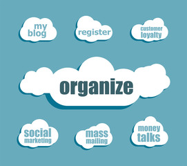 Poster - social concept. word organize . Design with abstract speech bubble set