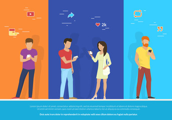 Group of people using smartphone concept vector illustration. Flat design of guys and woman standing together and reposting trends in social networks, reading news and publishing images for likes.