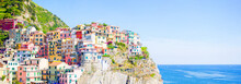 Panoramaof Amazing View Of The Beautiful And Cozy Village Of Manarola In The Cinque Terre Reserve. Liguria Region Of Italy.